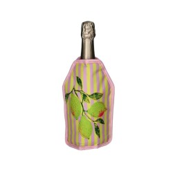 Gaine rafraîchissante Citron Gift Company à citrons jaunes, feuilles vertes et rayures roses, sur une bouteille