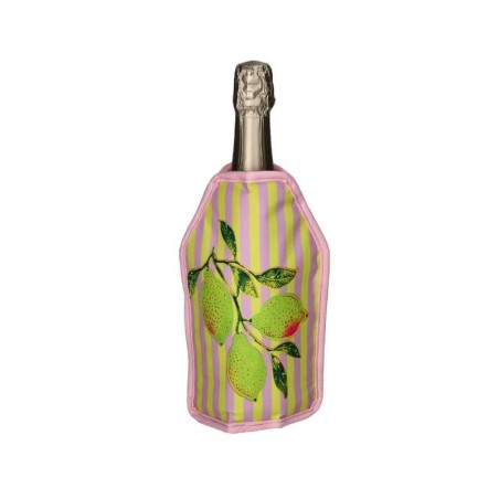 Gaine rafraîchissante Citron Gift Company à citrons jaunes, feuilles vertes et rayures roses, sur une bouteille