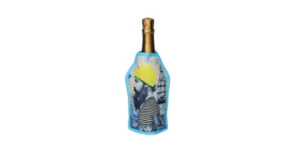 Gaine rafraîchissante Marin Gift Company bleu clair à personnage barbu, bonnet jaune et marinière, sur une bouteille