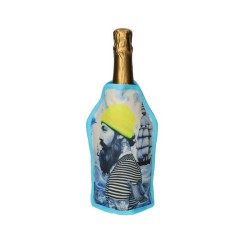 Gaine rafraîchissante Marin Gift Company bleu clair à personnage barbu, bonnet jaune et marinière, sur une bouteille