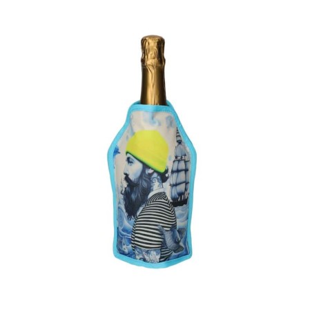 Gaine rafraîchissante Marin Gift Company bleu clair à personnage barbu, bonnet jaune et marinière, sur une bouteille