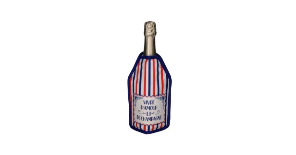 Gaine Gift Company à rayures rouges, blanches et bleues avec le message Vivre d’amour et de champagne, sur une bouteille