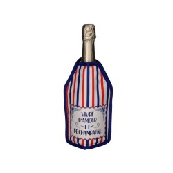 Gaine Gift Company à rayures rouges, blanches et bleues avec le message Vivre d’amour et de champagne, sur une bouteille