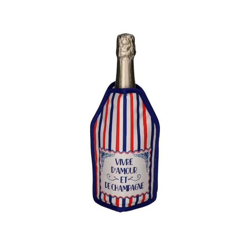 Gaine Gift Company à rayures rouges, blanches et bleues avec le message Vivre d’amour et de champagne, sur une bouteille