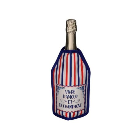 Gaine Gift Company à rayures rouges, blanches et bleues avec le message Vivre d’amour et de champagne, sur une bouteille