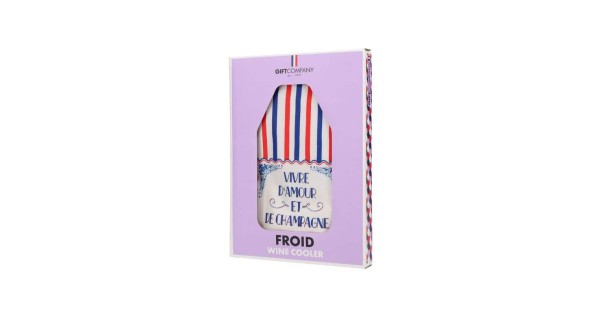 Gaine rafraîchissante Vivre d’amour et de champagne Gift Company présentée avec sa boîte Froid Wine Cooler