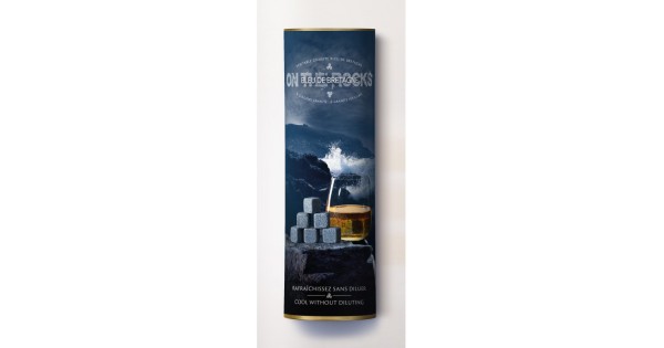 Tube cadeau des six pierres à whisky en granit Bleu de Bretagne On The Rocks