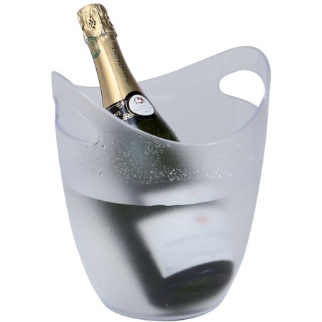 Seau à champagne Deffrennes en acrylique givré avec poignées, présenté avec une bouteille