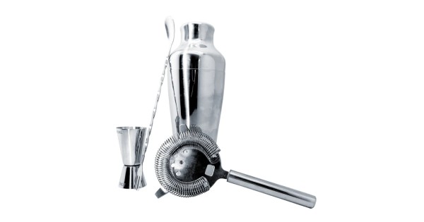 Coffret cocktail Vin Bouquet avec shaker inox, doseur double, passoire et cuillère torsadée
