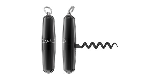 Tire-bouchon de poche Lance Classique noir avec anneau porte-clés, présenté fermé et avec mèche sortie