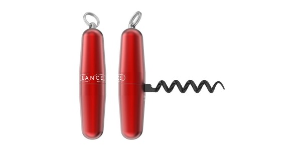Tire-bouchon de poche Lance Classique rouge avec anneau inox, montré fermé et déployé