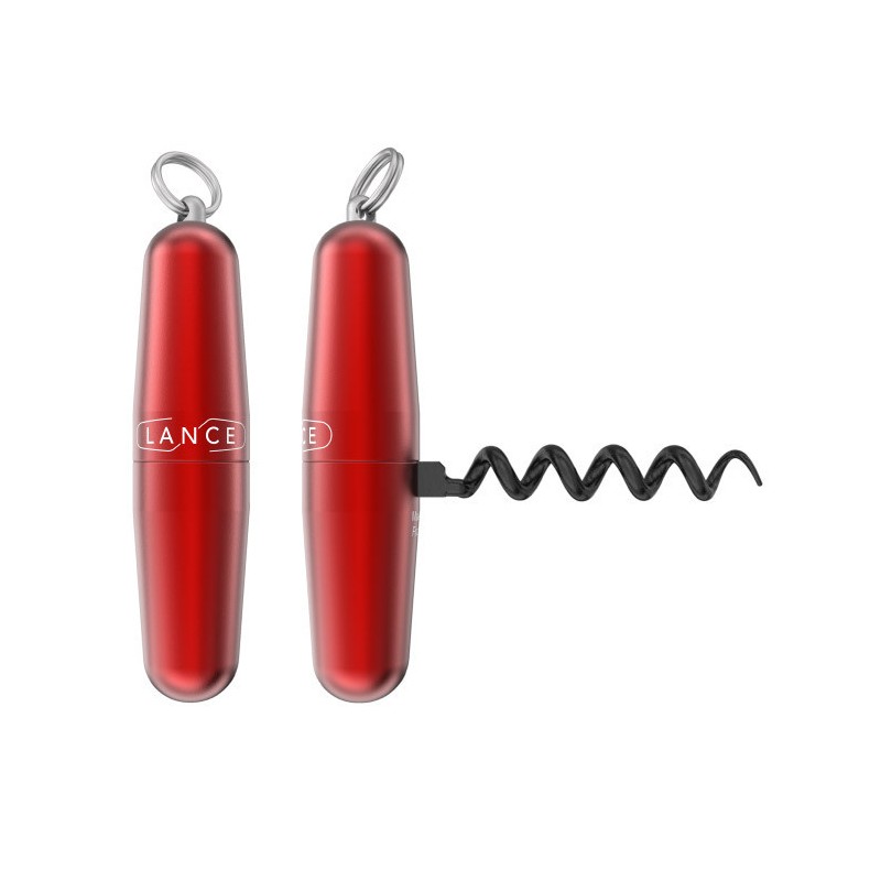 Tire-bouchon de poche Lance Classique rouge avec anneau inox, montré fermé et déployé