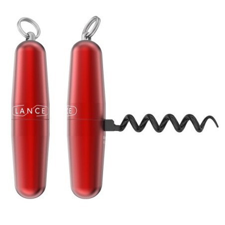 Tire-bouchon de poche Lance Classique rouge avec anneau inox, montré fermé et déployé