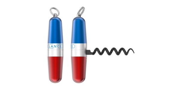 Tire-bouchon Lance Classique bleu-blanc-rouge avec anneau porte-clés, en positions fermée et ouverte