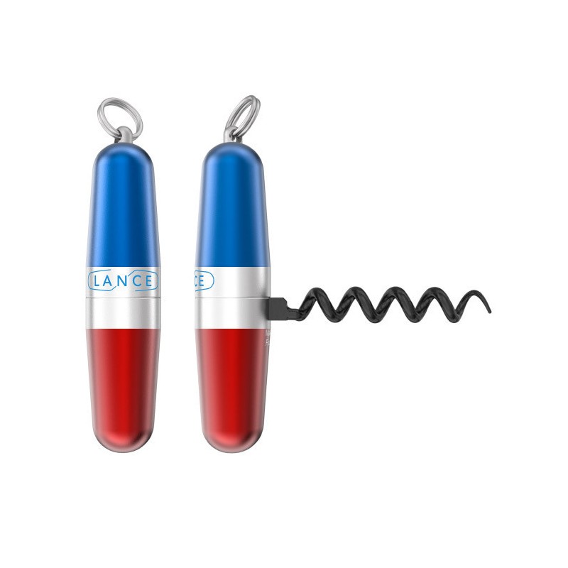 Tire-bouchon Lance Classique bleu-blanc-rouge avec anneau porte-clés, en positions fermée et ouverte